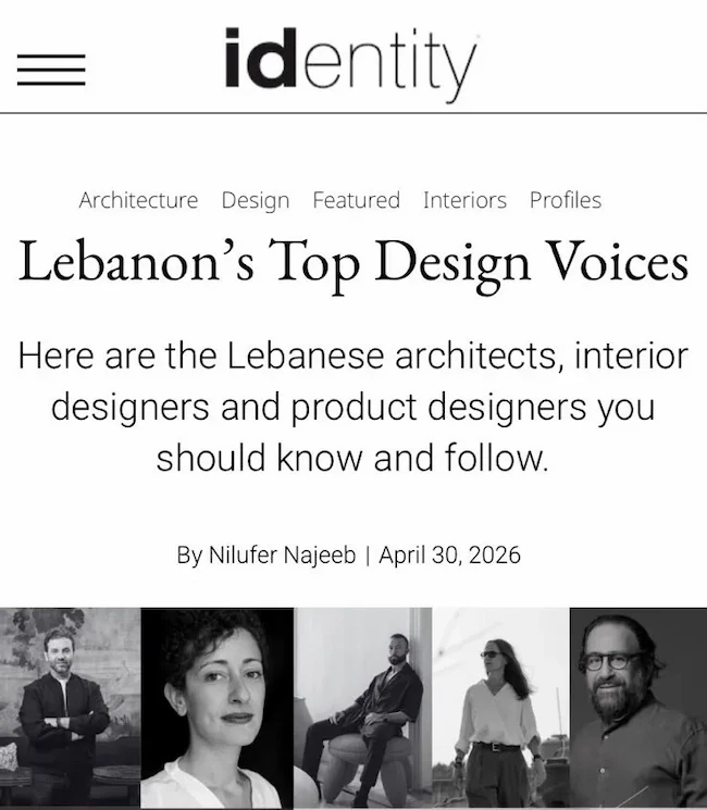 Article header from identity magazine titled Lebanon's Top Design Voices by Nilufer Najeeb, featuring portraits of featured designers.
